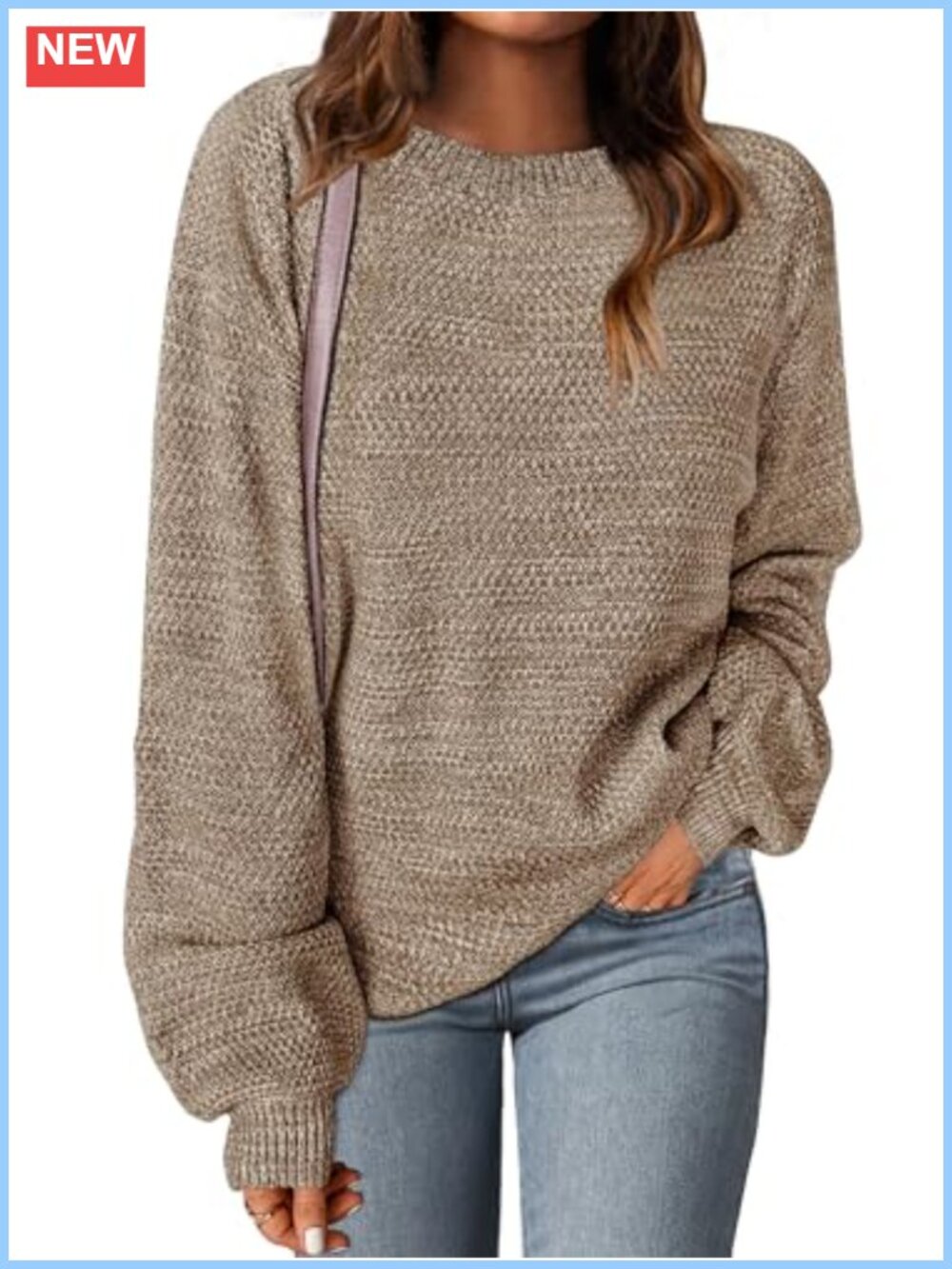 Heathered Knit Loose Pullover Sweater Long Lantern Sleeve Crew Neck